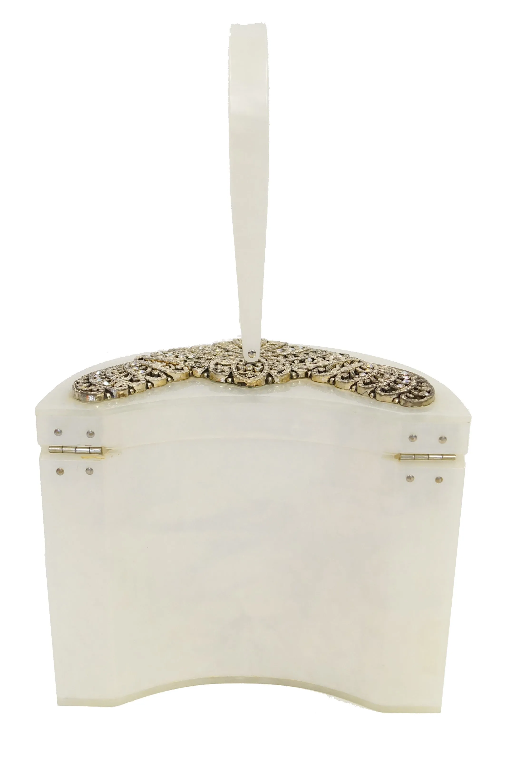 1950s Wilardy Pearlescent Half Moon Lucite Purse