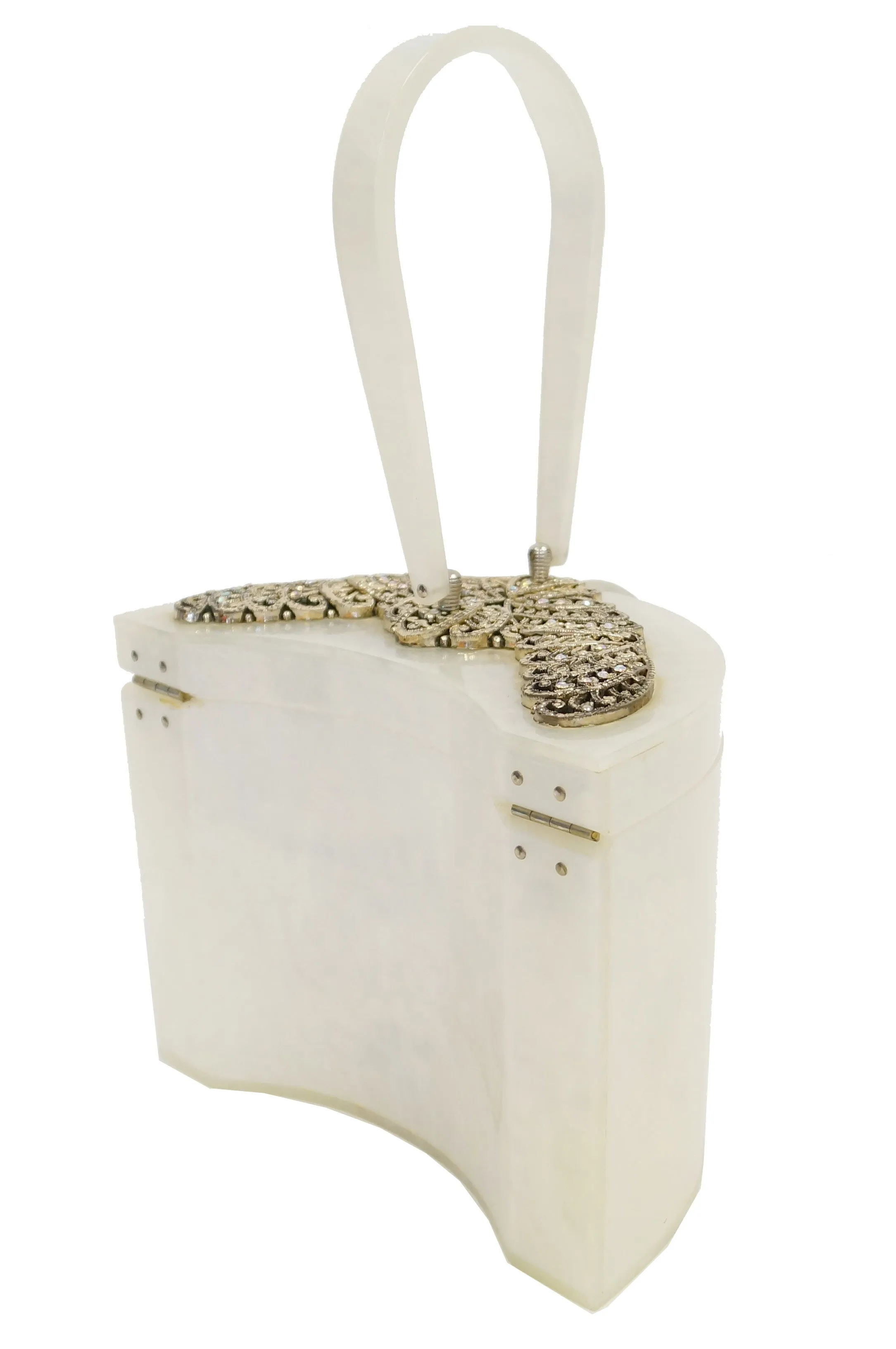 1950s Wilardy Pearlescent Half Moon Lucite Purse