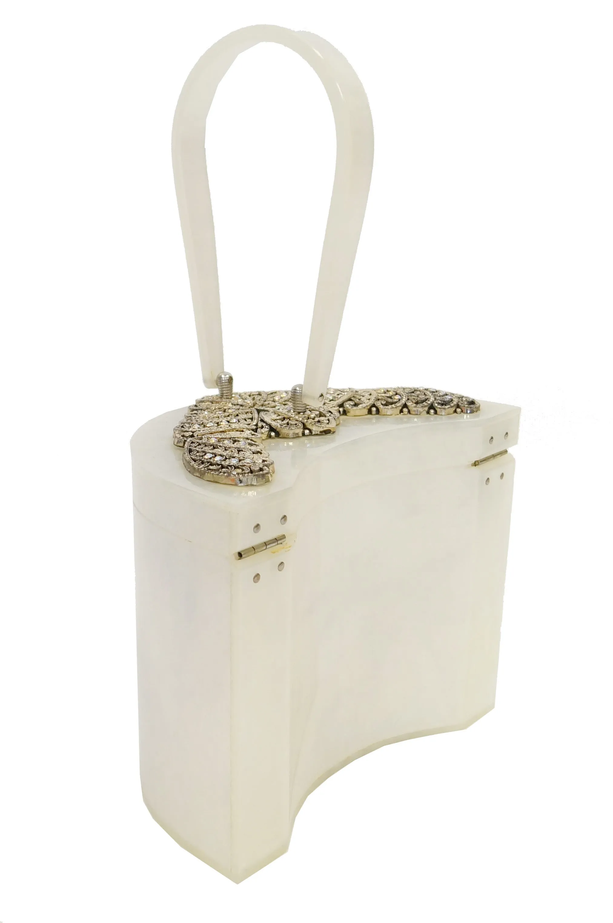 1950s Wilardy Pearlescent Half Moon Lucite Purse