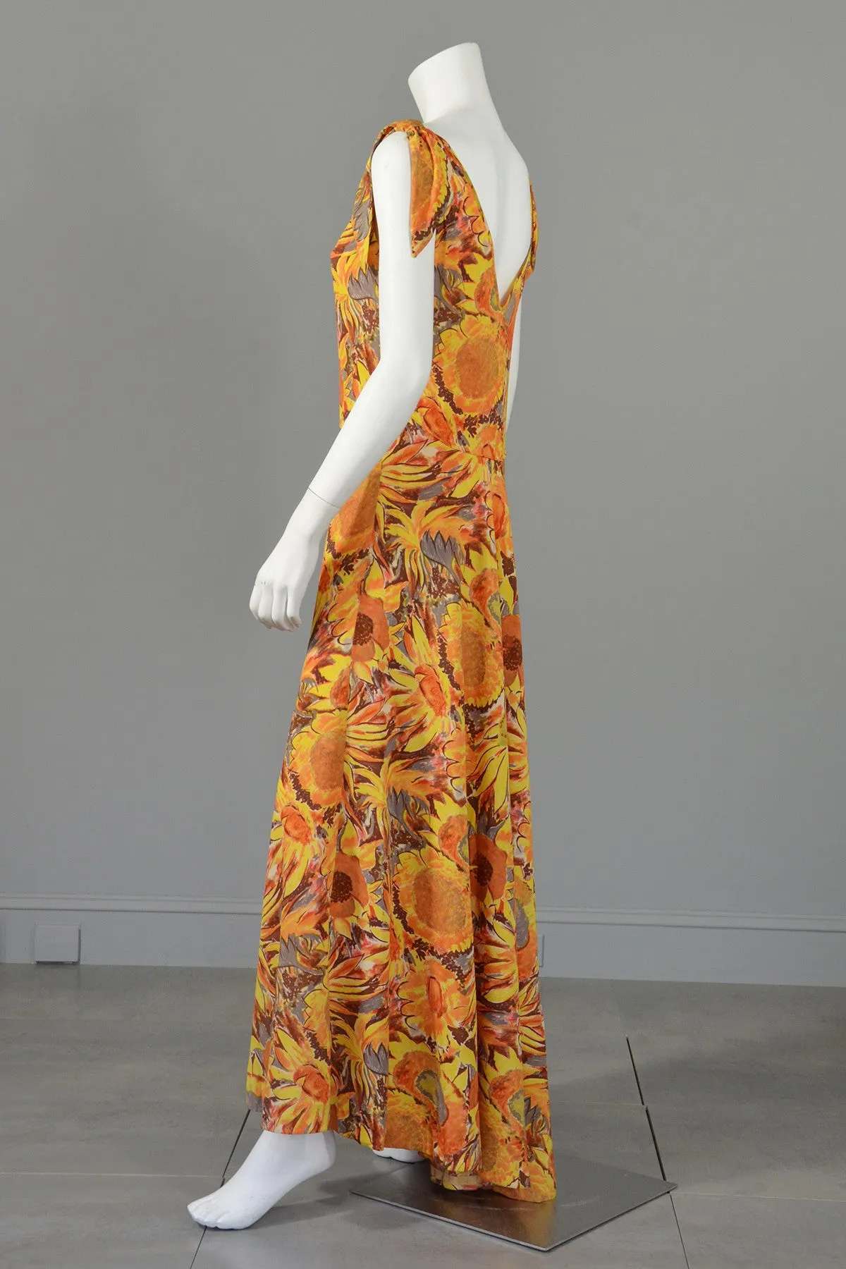 30s Sunflower Print Mermaid High Low Maxi Dress Gown