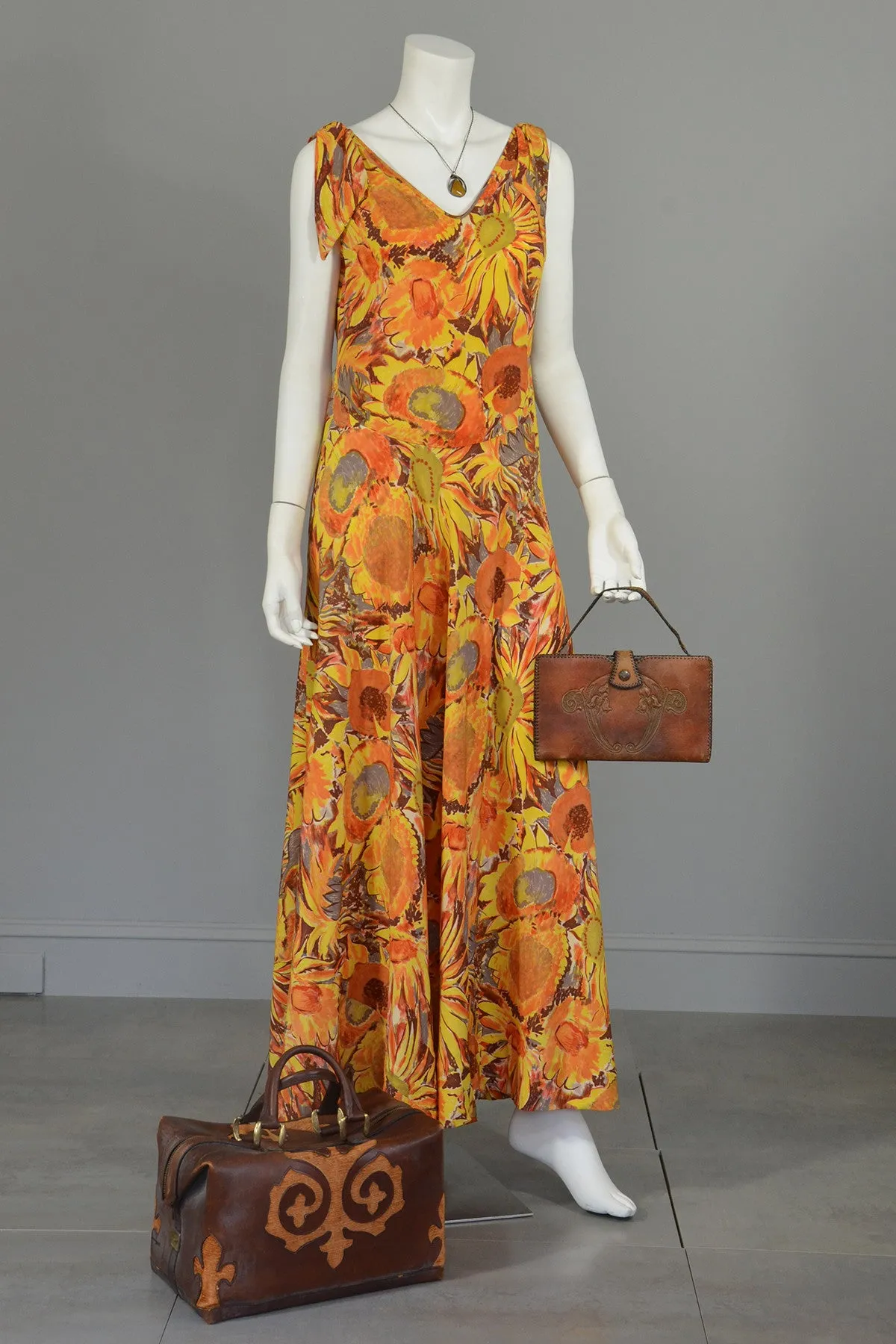 30s Sunflower Print Mermaid High Low Maxi Dress Gown