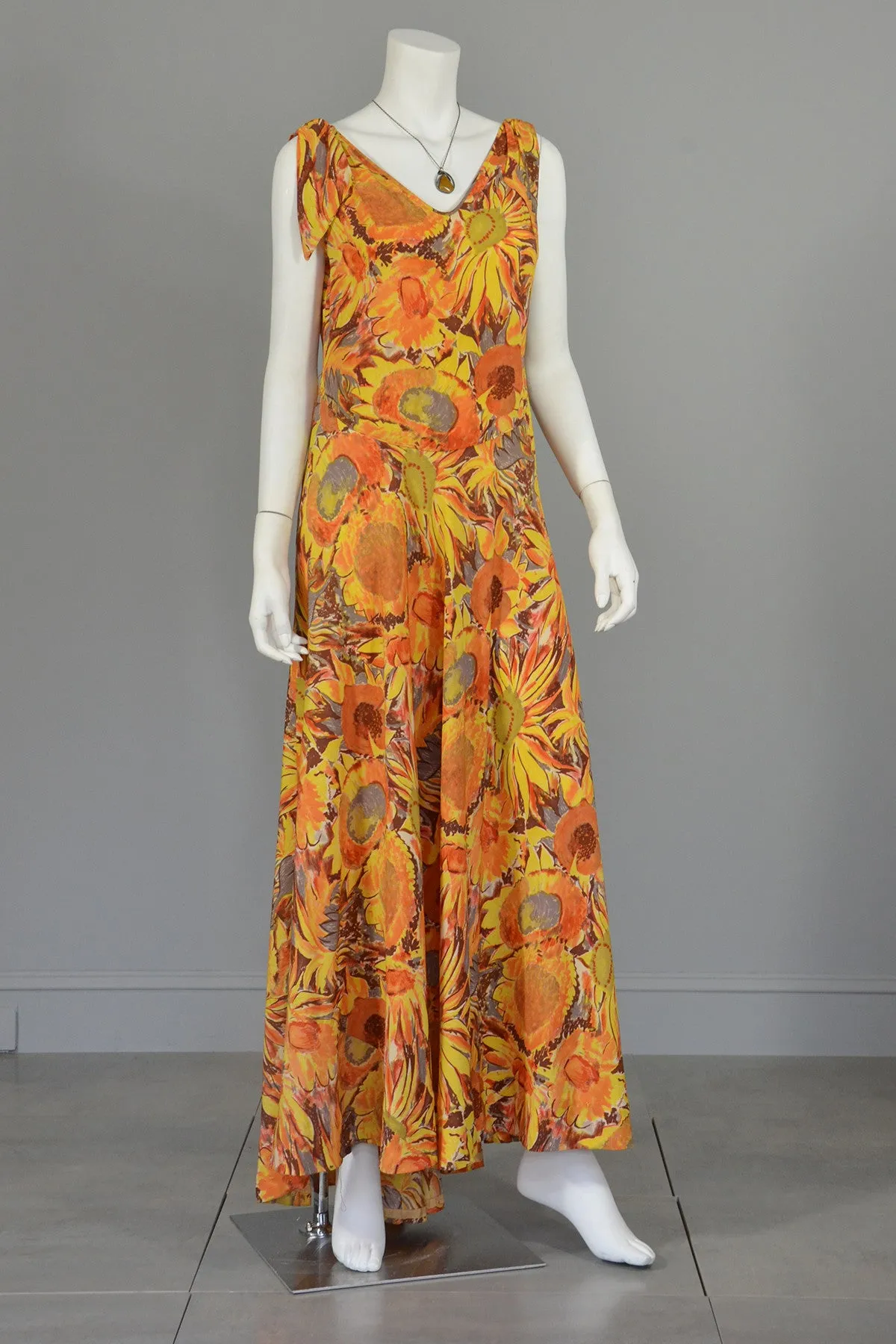 30s Sunflower Print Mermaid High Low Maxi Dress Gown