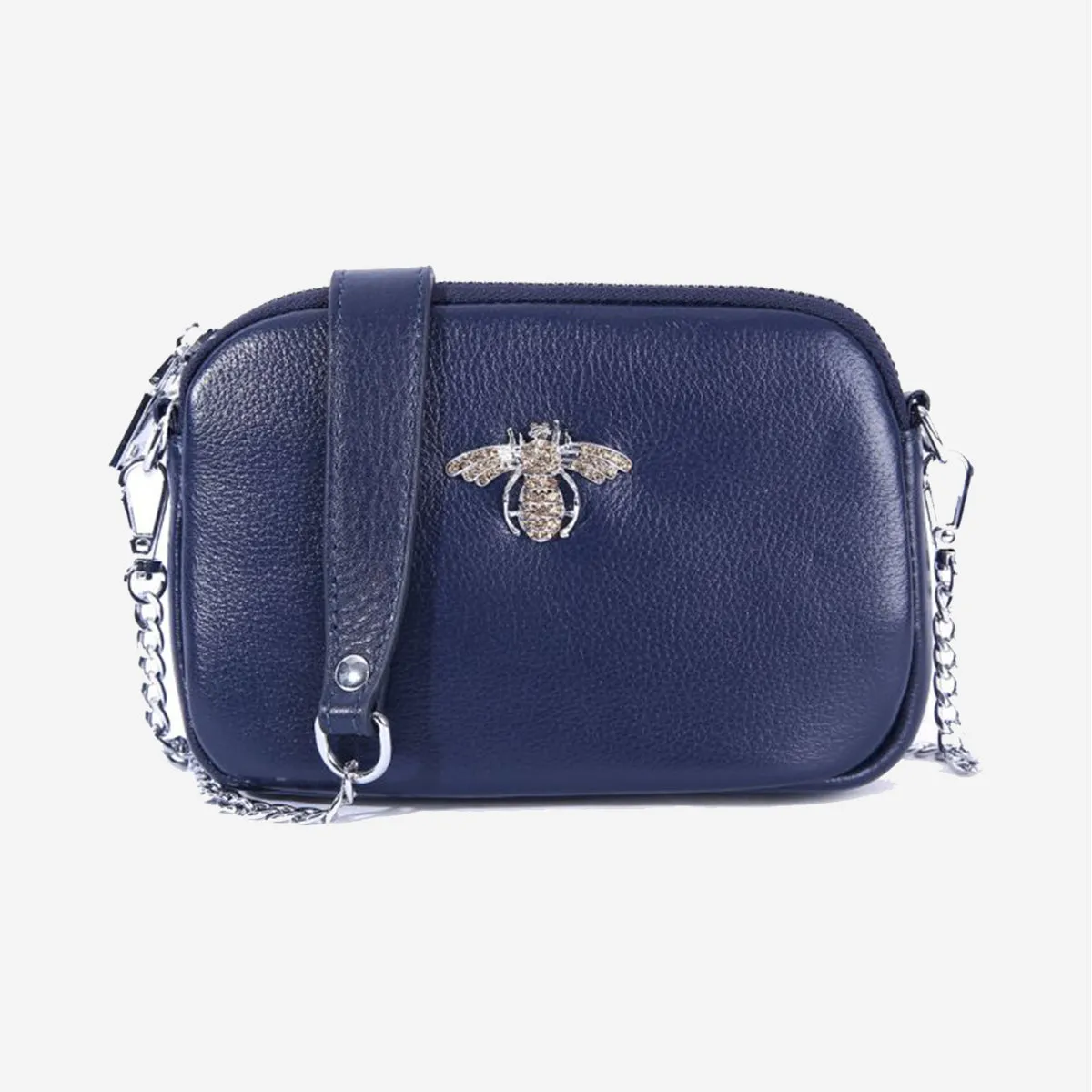 CRYSTAL LEATHER BEE BAG IN NAVY