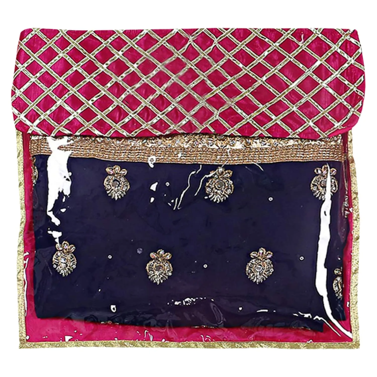Kuber Industries Seamless lattice Design Satin Single Saree Cover With Transparent Top- Pack of 4 (Pink)-50KM01344