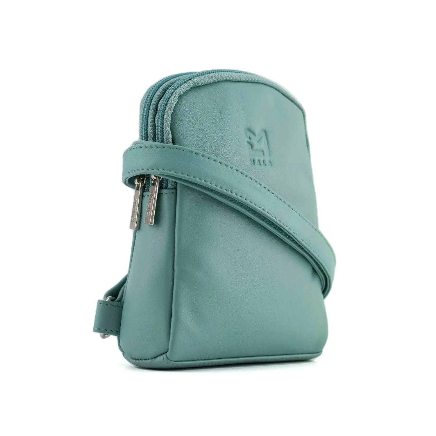 Mala Leather Green Anishka Mini Double Pocket Crossbody Bag