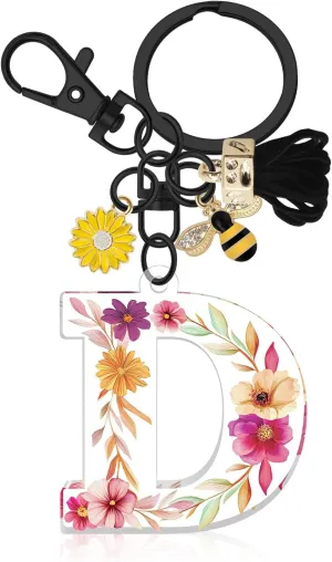 Oubaka Initial Letter Keychains for Women, Letter A-Z Keychain with Tassel Bee Flower for Handbag Car Key Bag Keyring