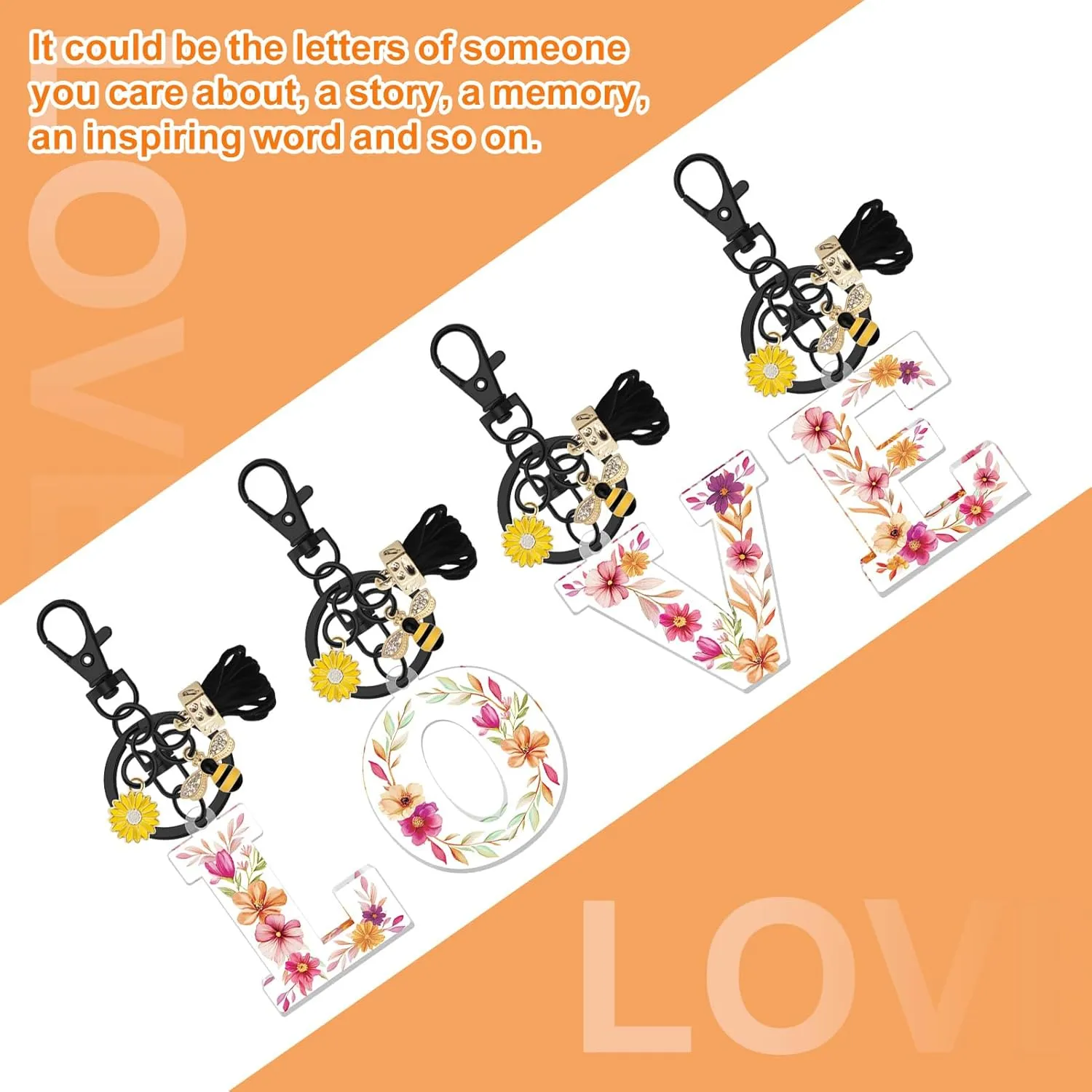 Oubaka Initial Letter Keychains for Women, Letter A-Z Keychain with Tassel Bee Flower for Handbag Car Key Bag Keyring