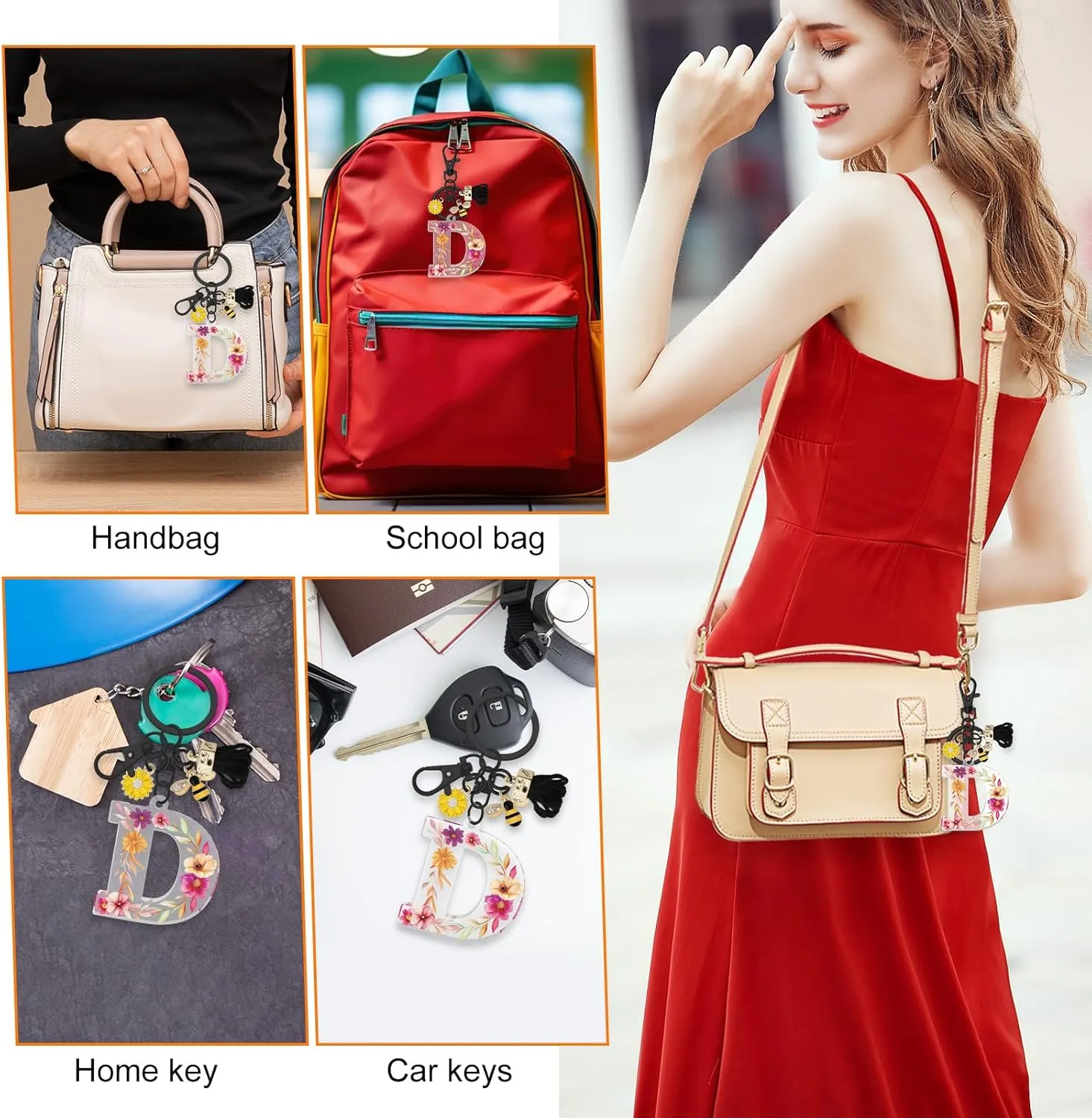 Oubaka Initial Letter Keychains for Women, Letter A-Z Keychain with Tassel Bee Flower for Handbag Car Key Bag Keyring