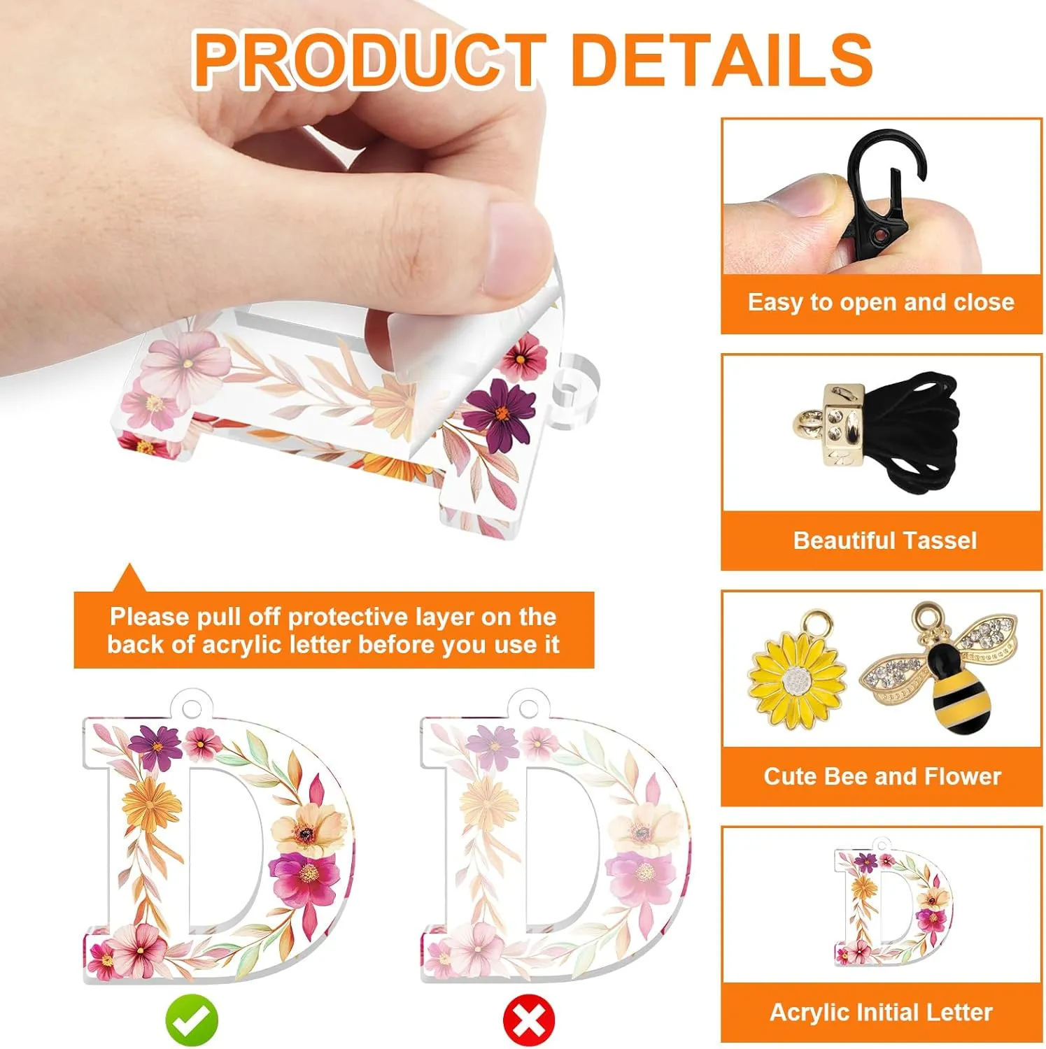 Oubaka Initial Letter Keychains for Women, Letter A-Z Keychain with Tassel Bee Flower for Handbag Car Key Bag Keyring