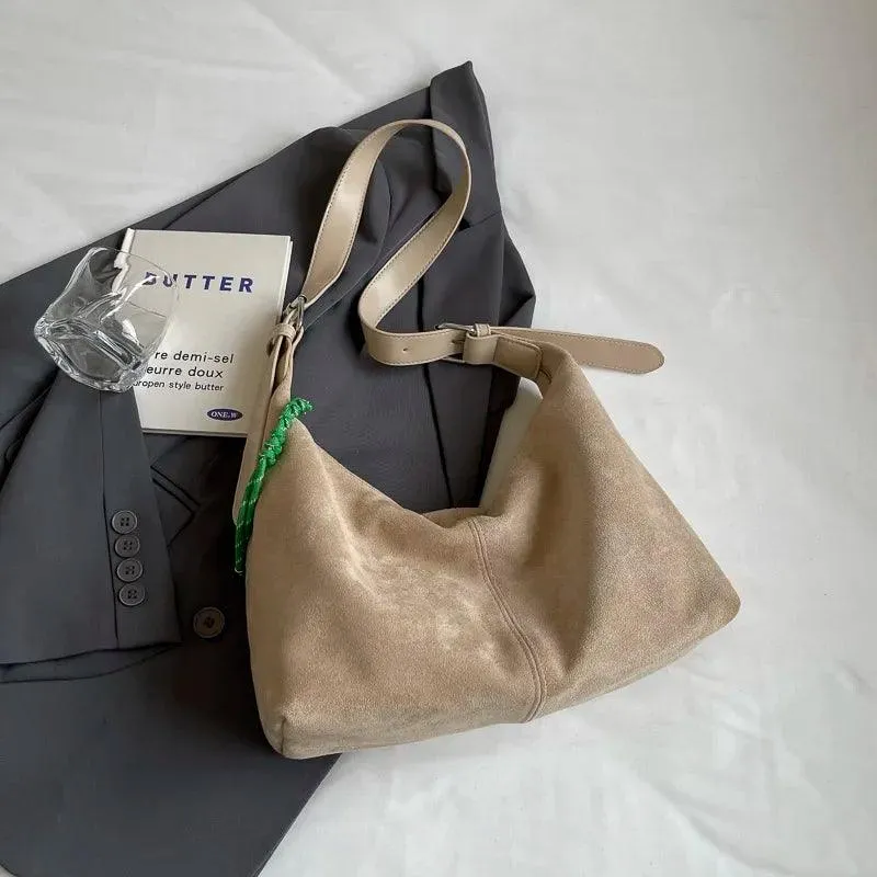 Suede Leather Large Shoulder Bags Women's Zipper Tassel Adjustable Strap Bags