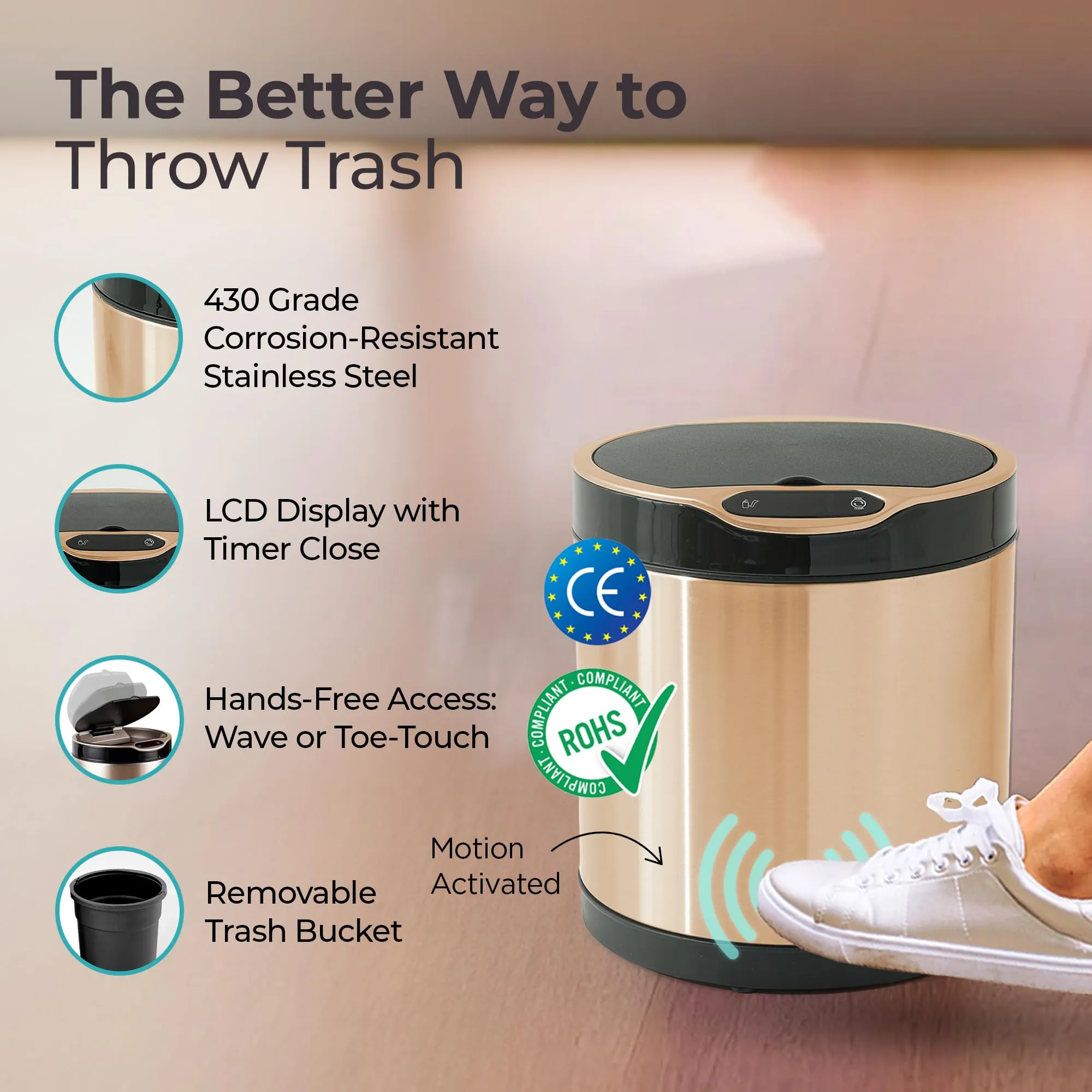 The Better Home 6L Dustbin For Kitchen | Dustbin For Bathroom | 27cm Automatic Smart Sensor Dustbin For Bedroom | Steel Dustbin With Lid | Dustbin For Office | Garbage Bin - Golden