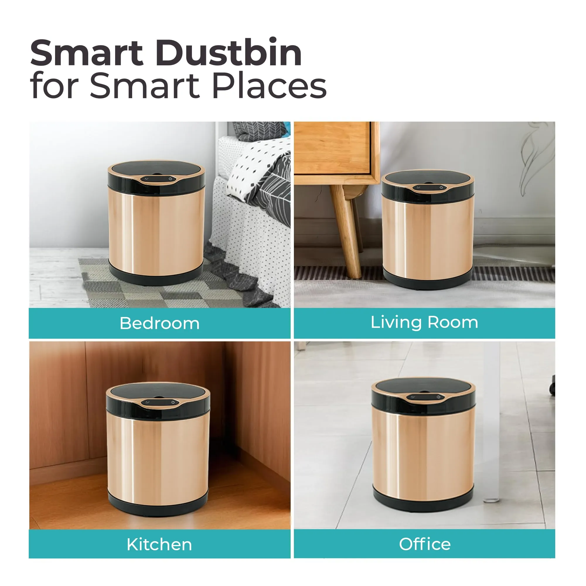 The Better Home 6L Dustbin For Kitchen | Dustbin For Bathroom | 27cm Automatic Smart Sensor Dustbin For Bedroom | Steel Dustbin With Lid | Dustbin For Office | Garbage Bin - Golden