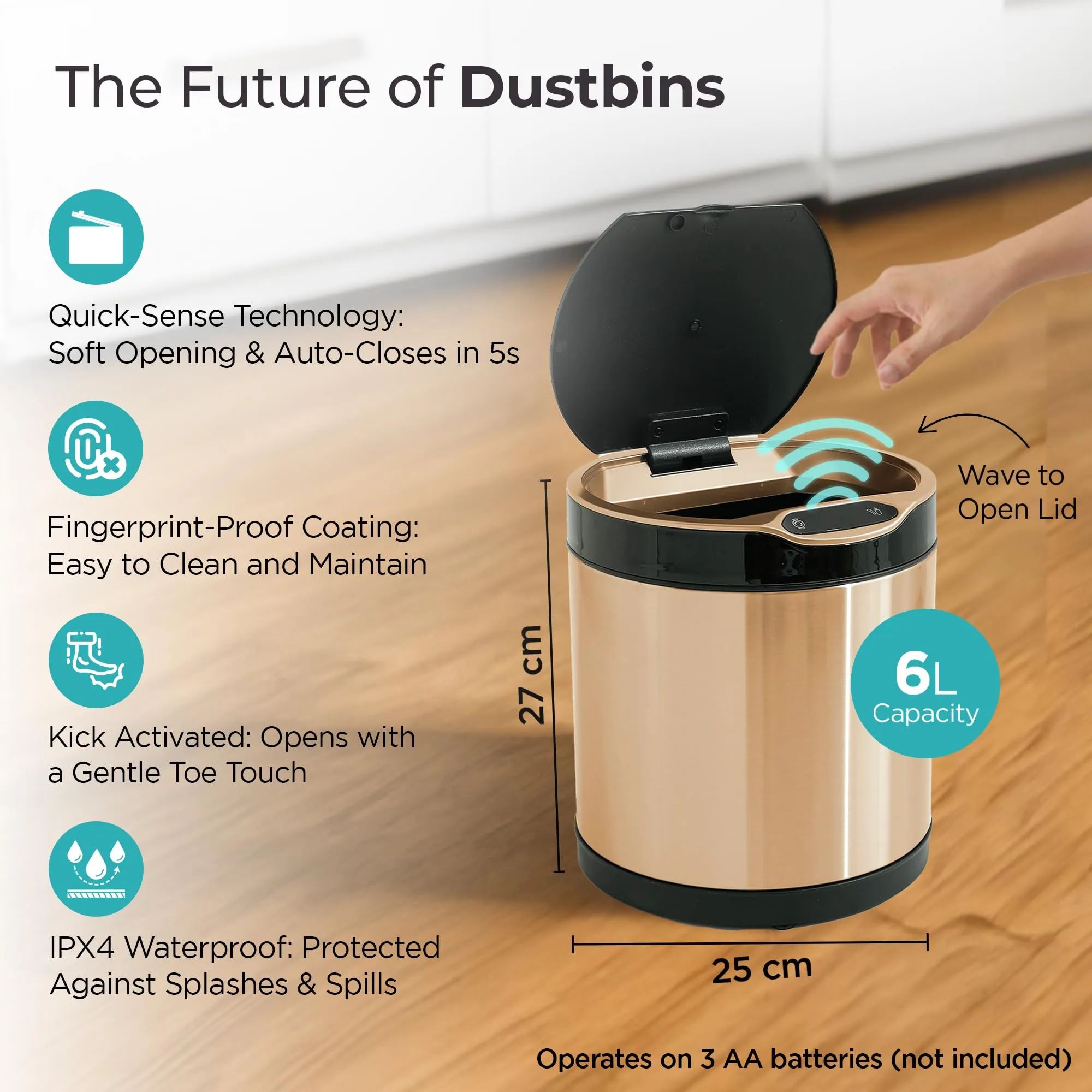 The Better Home 6L Dustbin For Kitchen | Dustbin For Bathroom | 27cm Automatic Smart Sensor Dustbin For Bedroom | Steel Dustbin With Lid | Dustbin For Office | Garbage Bin - Golden