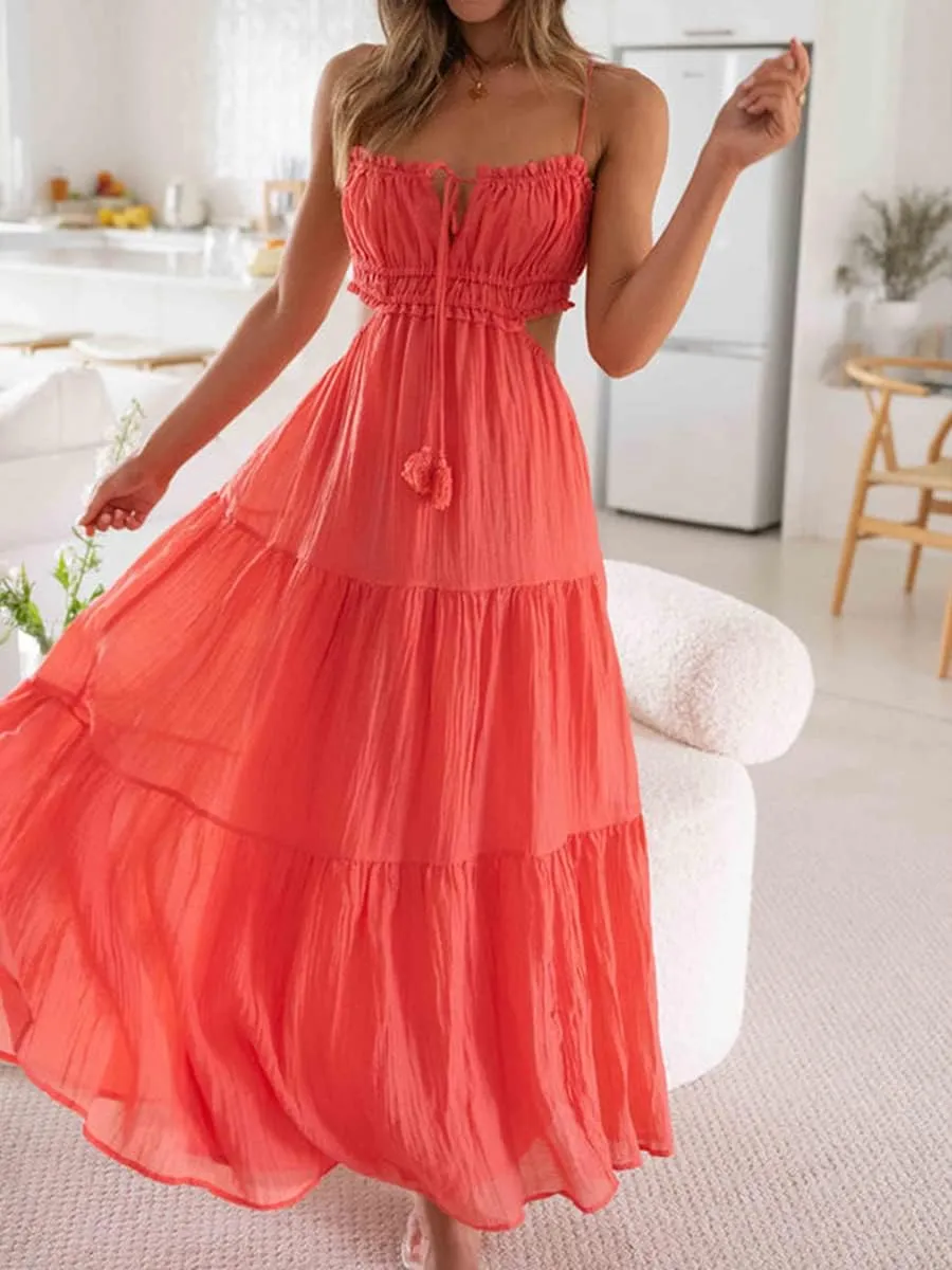 Women Spaghetti Strap Halter Neck Low Cut Dress Backless Long Maxi Flowy Pleated Dress Beach Sundress