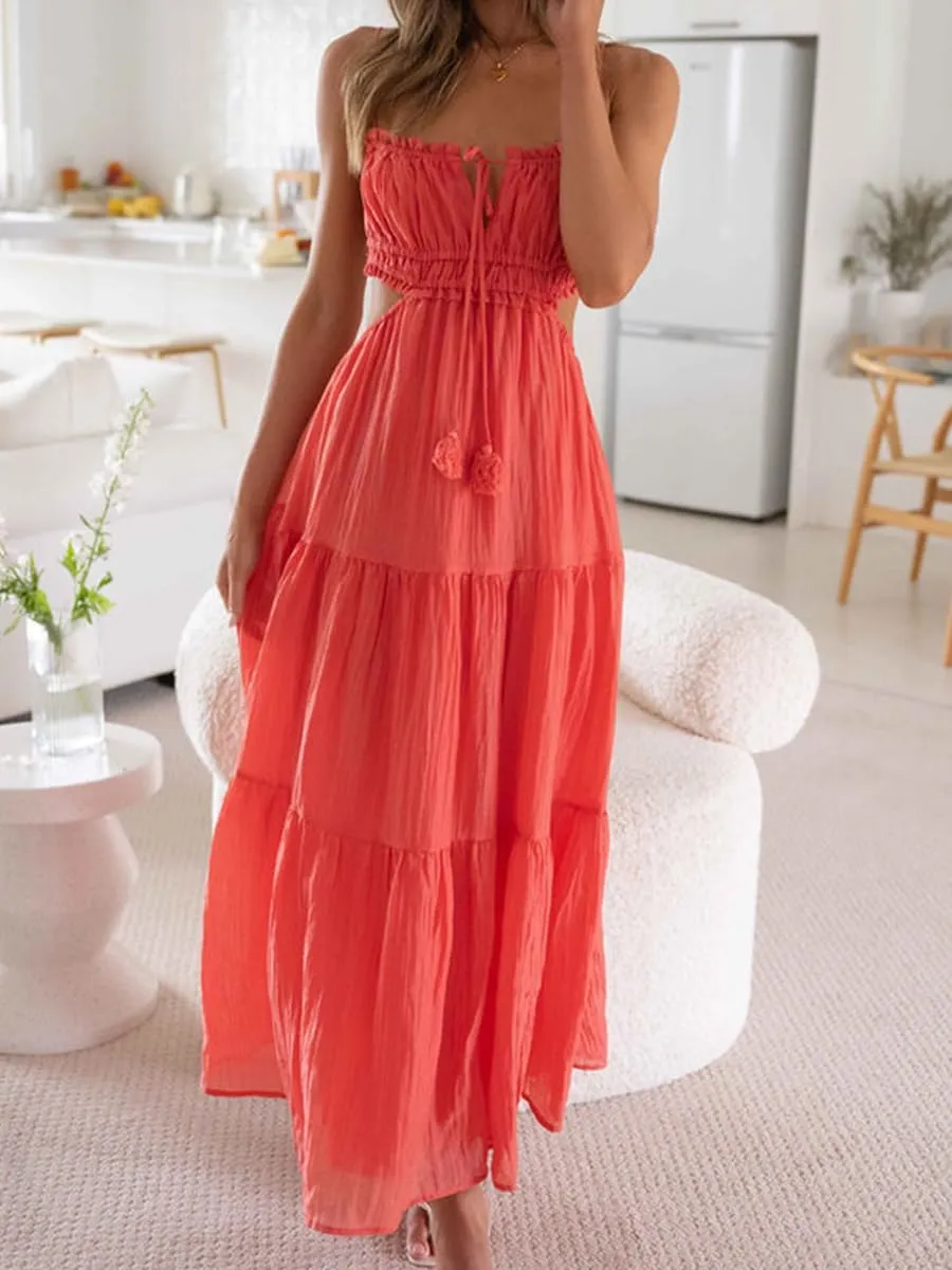 Women Spaghetti Strap Halter Neck Low Cut Dress Backless Long Maxi Flowy Pleated Dress Beach Sundress