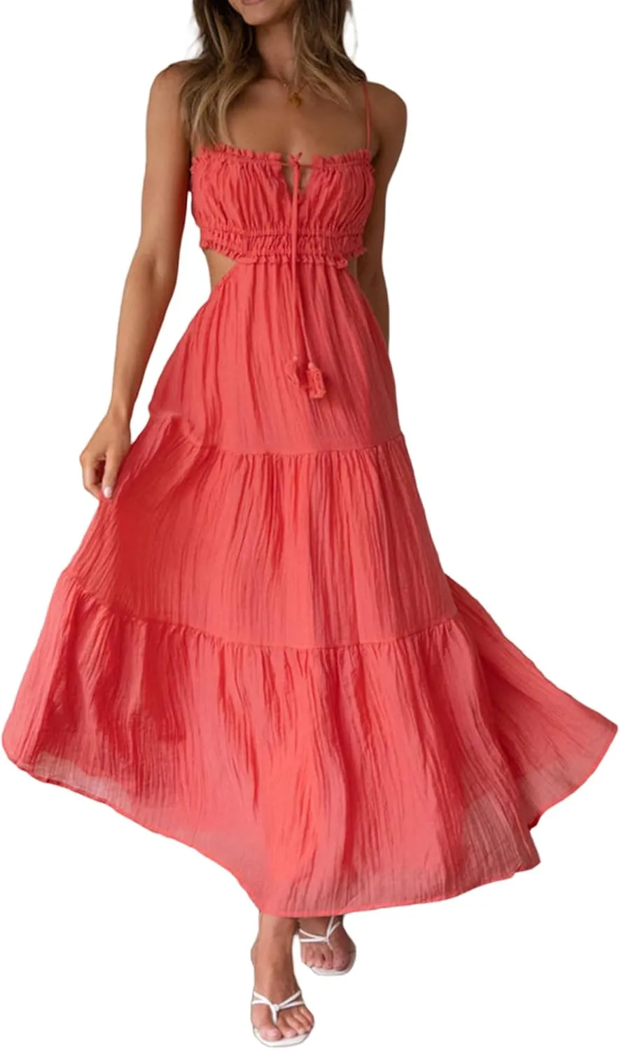 Women Spaghetti Strap Halter Neck Low Cut Dress Backless Long Maxi Flowy Pleated Dress Beach Sundress