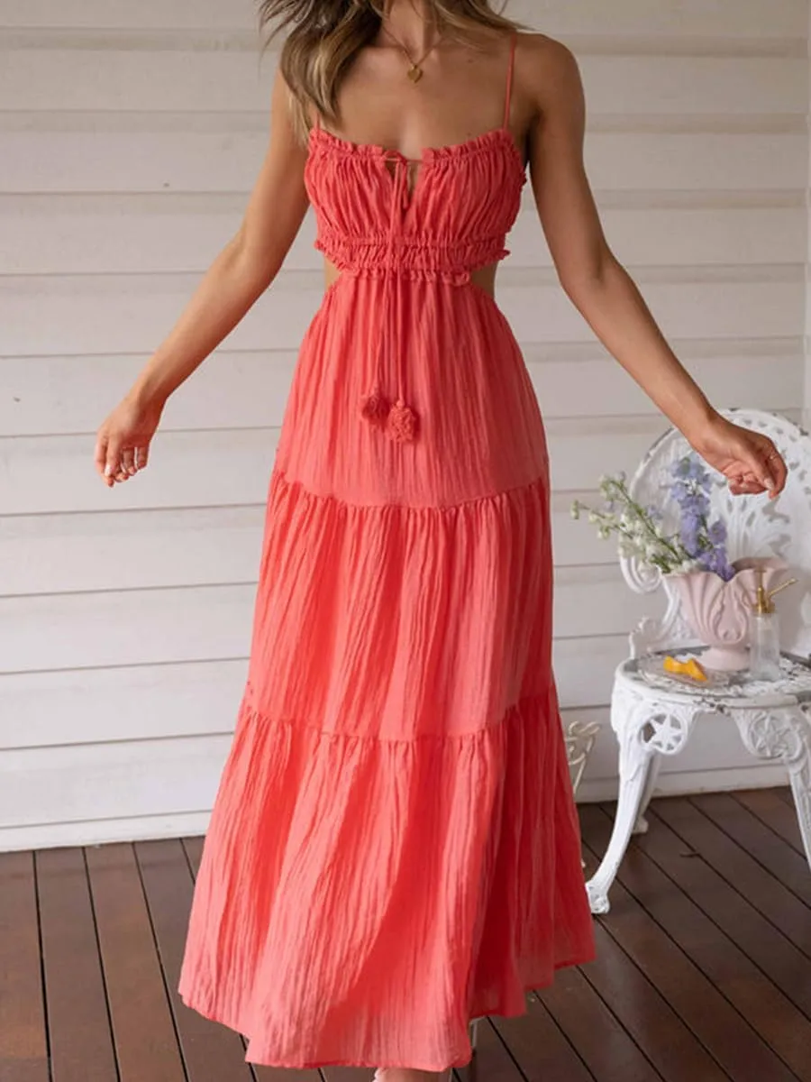 Women Spaghetti Strap Halter Neck Low Cut Dress Backless Long Maxi Flowy Pleated Dress Beach Sundress